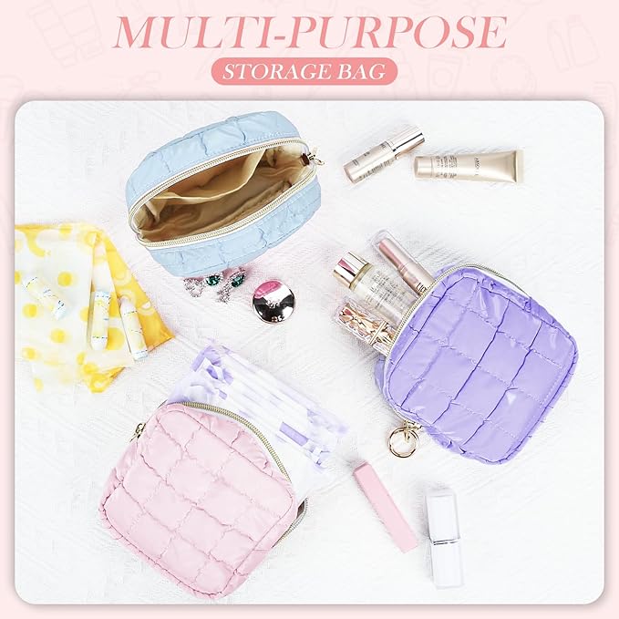 4.9" Puffy Small Makeup Bag, Cute Quilted Cosmetic Bag for Purse, Mini Travel Toiletry Organize Pouches for Women, Birthday/Wedding/Christmas Gifts (Purple)