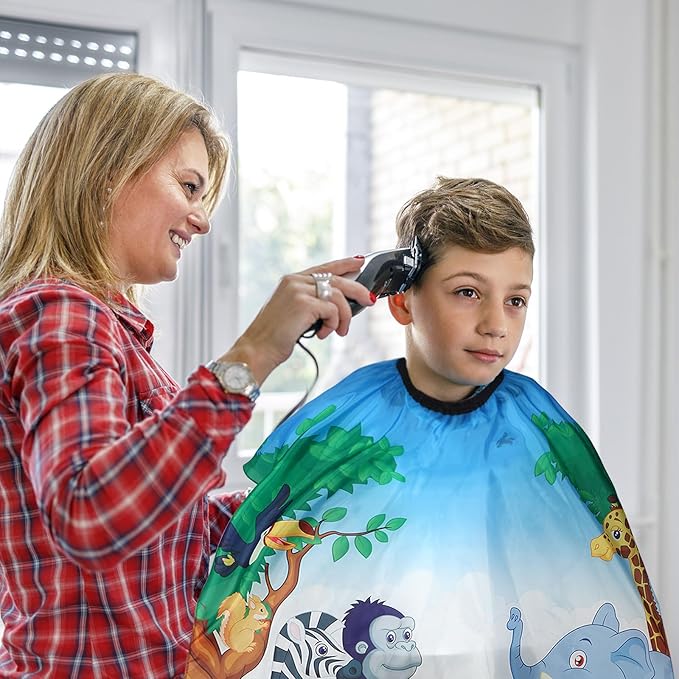 Kids Barber Cape with Neck Duster Brush, Professional Salon Hair Cutting Cape with Adjustable Snap Closure(wild animal)