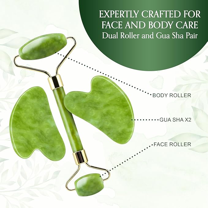Jade Roller and Gua Sha Set for Face & Body – 4-Piece Authentic Jade Facial Roller Kit with Jade Eye Roller and Gua Sha Facial Tools for Sculpting,Puffiness Reduction, Lymphatic Drainage & Spa Massage