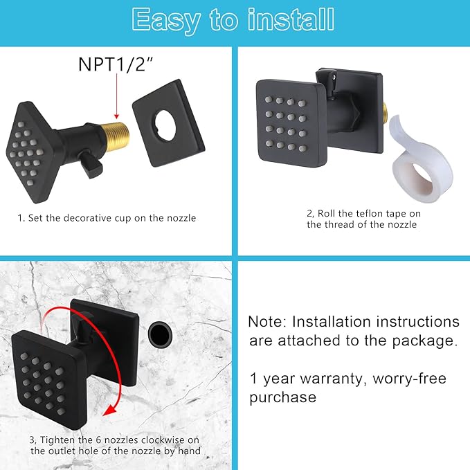 Solid Brass Shower Body Spray with On Off Switch Massage Square Body Jets Wall Mount, Rotating Matte Black Body Sprayers NPT 1/2” Female, Flow Can Be Controlled