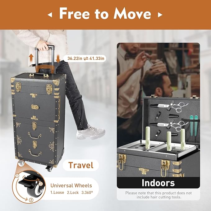 CNCEST Beauty Salon Luggage,Rolling Lockable Makeup Train Case Hairdressing Trolley Stylist Beauty Salon Cosmetic Luggage Travel Organizer Tool Box with Hair Dryer Holder