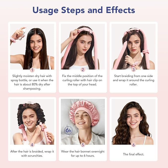 LitBear Heatless Curls Overnight, 2 Sizes of Soft Hair Rollers for Women with Bonnet to Sleep In, No Heat Hair Curlers Set with Scrunchies and Clips, for Long and Medium Hair (Pink)
