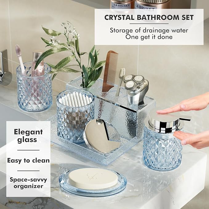 Blue Bathroom Accessories Set, 20 Pcs Glass Bathroom Set with Shower Curtain and Rugs, Soap Dispenser, Soap Dish, Cup, Qtip Jar, Toothbrush Holder, Stylish & Functional Bath Decor for Home, Apartment