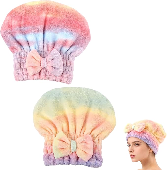 2PCS Super Absorbent Hair Towel Wrap for Wet Hair,Microfiber Hair Drying with Caps Bow Design,2026 New Fast Drying Hair Turban Wrap Towels Shower Cap for Girls and Women (Mix)