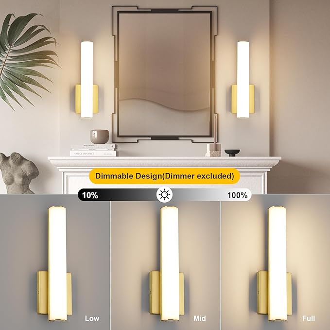 15.7 Inches Modern Bathroom Led Wall Sconces,18W 3000K Hardwired Wall Light with White Acrylic Lampshade,Indoor Bathroom Vanity Light for Mirror Bedroom Living Room Hallway(Gold,2Pack)