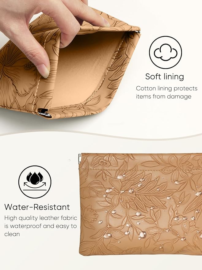 Brown Floral Leather Makeup Pouch Set for Women Small Make Up Bag for Purse Waterproof Initial Makeup Cosmetic Bags Pouches for Purse Aesthetic Travel Toiletry Bag