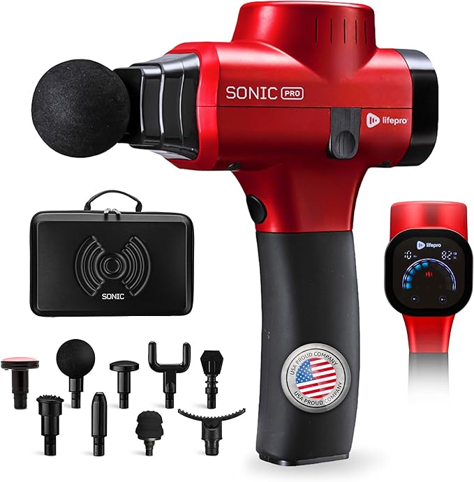 Lifepro Sonic Pro Handheld Electric Massage Gun – Deep Tissue Percussion Massager Gun with 10 Speeds & 9 Heads – Muscle Massager for Athletes Back, Legs, Arms