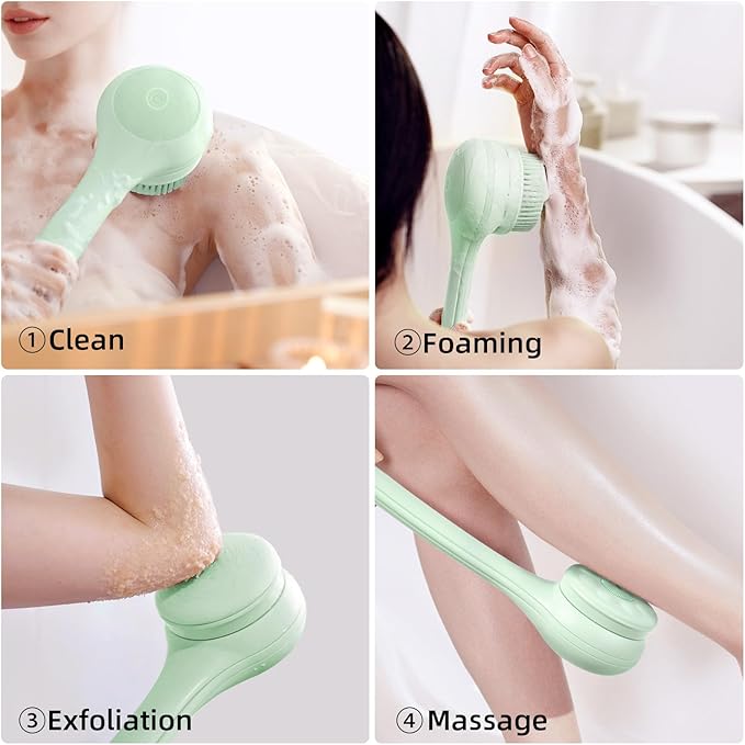 Electric Body Brush Back Scrubber for Shower, Waterproof Long Dual Handle Body Scrubber with 3 Heads, Bath Brush & 2 Speeds, for Cleansing, Exfoliating and Massaging Skin, Pale Cypress Green