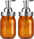 Amolliar Plastic Mason Jar Foaming Soap Dispenser Pump Lid, 16oz Foam Soap Dispenser with Cute Lables - Amber Refillable Hand Soap Dispenser for Bathroom Kitchen Shower (2 Pack, Silver)
