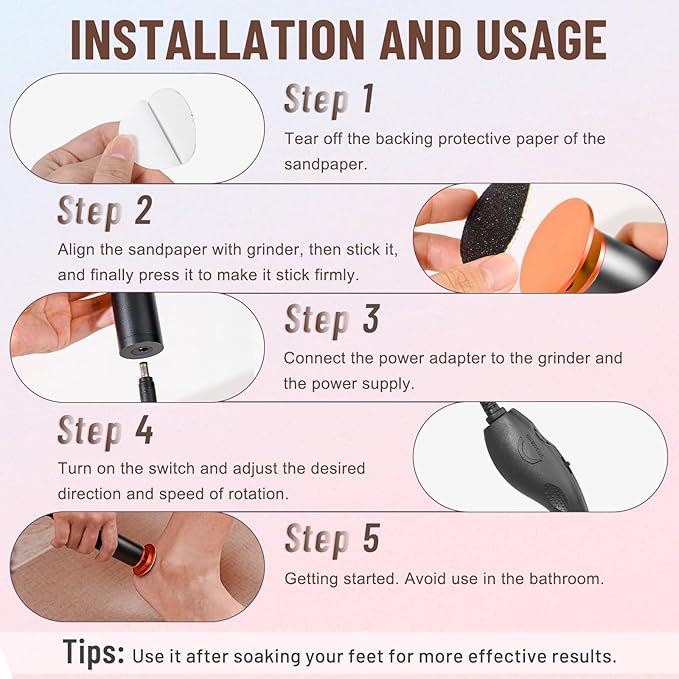 Dermawave Electric Foot File Callus Remover for Feet, Professional Electric Foot Sander Filer Grinder with 60 Sandpaper Discs for Men & Women, Pedicure Tool for Corn Dead Skin Cracked Heel