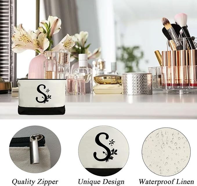 Personalized Gifts for Women - Initial Canvas Tote Beach Bag & Makeup Bag, Unique bags for Christmas, Birthday, Holiday, Wedding, Monogram Birthday Gifts for Women, Wife, Friends, sisters, Mom (S)