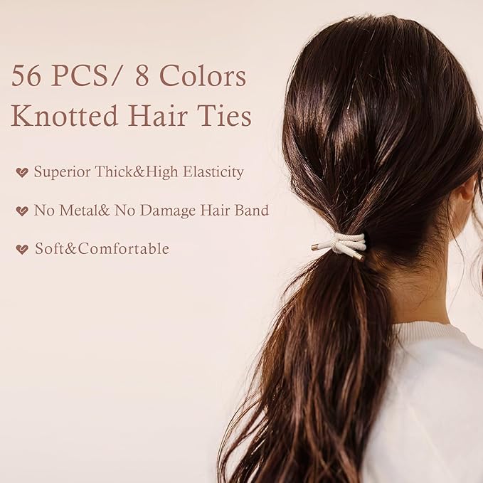 56 PCS Elastics Knotted Hair Ties for Women, Adjustable No Damage Ponytail Holders for Women Girls, 5MM Rubber Bands for Hair, 8 Colors