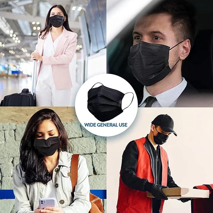 100Pcs Black Disposable Face Mask, 3 Ply Black Face Masks with Soft Elastic Ear loops