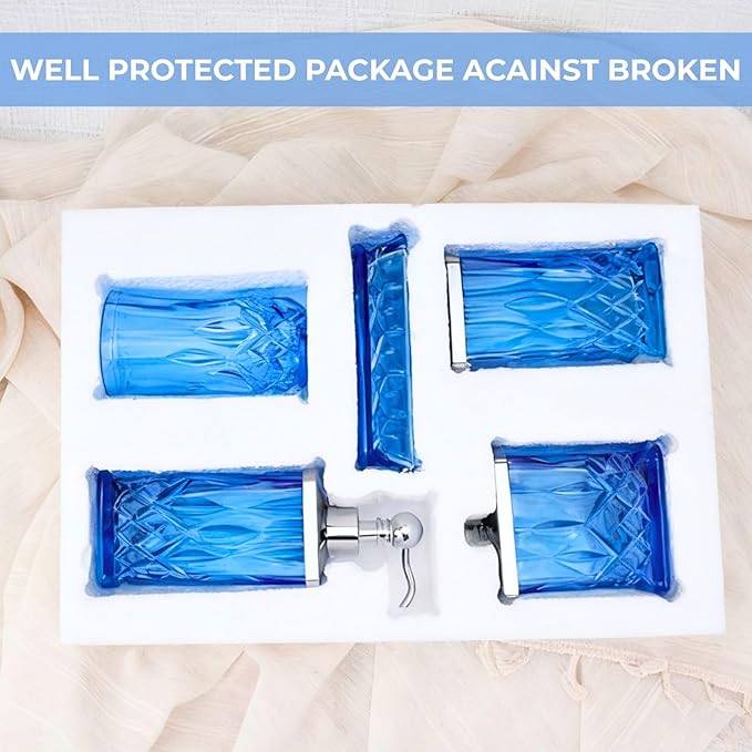 Bathroom Accessories Set,5 Pcs Blue Glass Bathroom Accessory Set,Complete Lotion Soap Dispenser, Toothbrush Holder,Soap Dish,Tumbler & Jar,Modern Bathroom Decor Sets Gift,Square