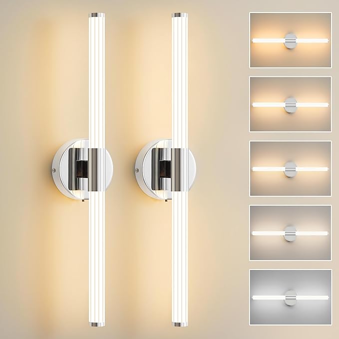 Bathroom Wall Sconces Set of 2 Hardwired, Dimmable 5CCT LED Bathroom Light Fixtures Over Mirror, 360° Full Lighting 23 inch Vanity Light Bar Modern Chrome Wall Sconce for Bedroom Living Room