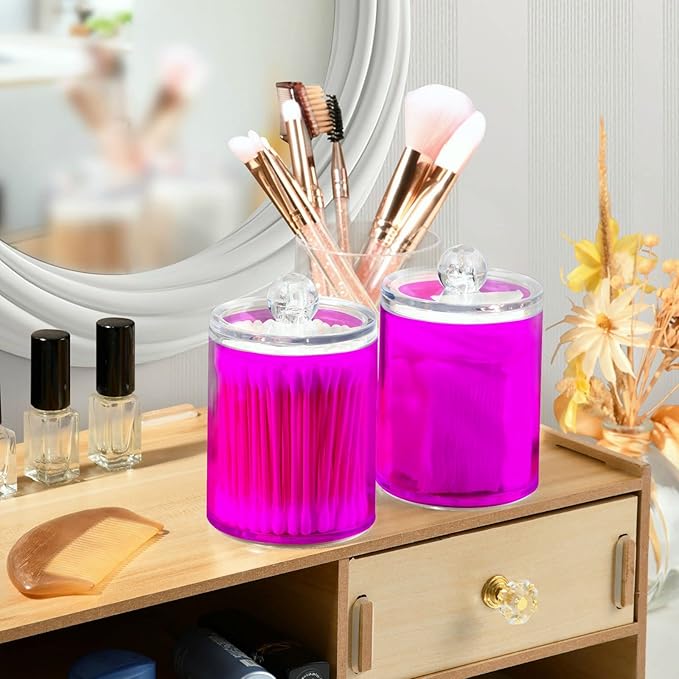 Magenta Purple Qtip Holder Organizer Dispenser Cotton Swabs Cans Plastic Jars with Lid Set 2 Pack Bathroom Storage Canister for Cotton Ball Floss Cotton Pads