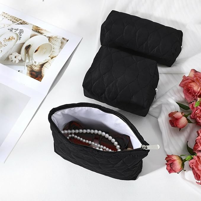 3 Pcs Puffy Makeup Bag Quilted Cosmetic Pouch for Women Cute Waterdrop Travel Toiletry Bag Puffer Makeup Organizer Purse Pouch Preppy Pencil Case with Zipper(Black)