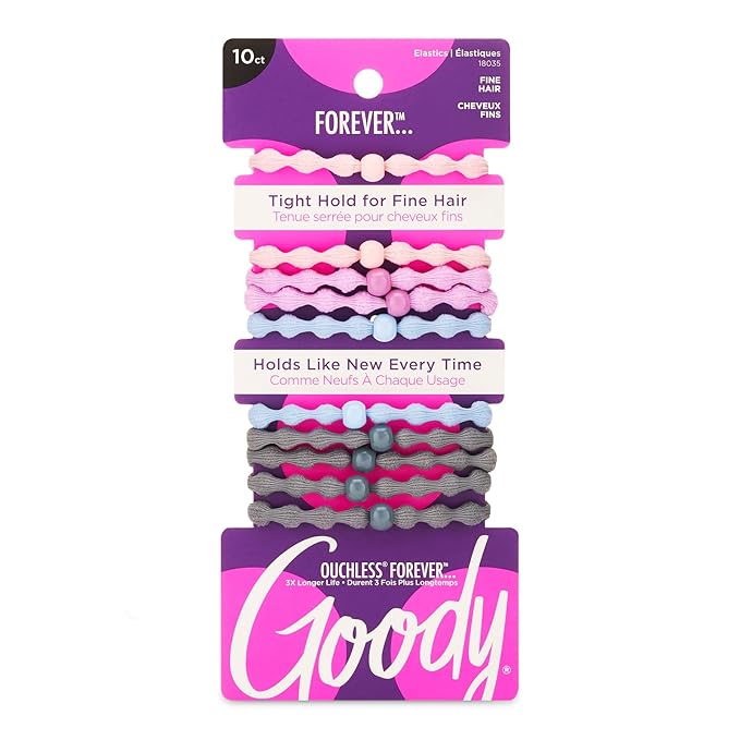 Goody Ouchless Forever Fine Hair Elastics, 10 Ct, Assorted Colors, Damage-Free Bands, 3X Stronger Elastic Ties, Retainable Shape, 16 Strand Inner Core, Styling Accessories for Women & Men