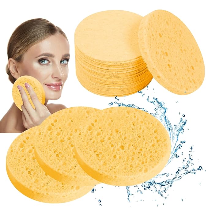 50-Count Facial Sponges Compressed Natural Cellulose Sponge Round Shape Face Sponge for Face Cleansing Exfoliating and Makeup Removal, Yellow