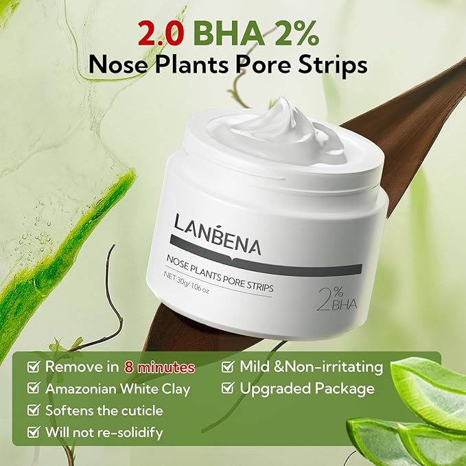 LANBENA 2-Pack Pore Strips: 2% Salicylic Acid BHA Nose Strips + Bamboo Charcoal Blackhead Peel-Off Mask | Deep Cleansing, Purifying Pore Treatment for Blackhead & Oil Removal