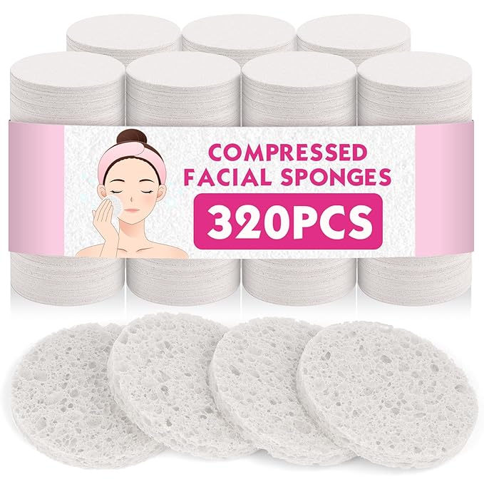 320-Count Compressed Facial Sponges, Natural Cellulose Face Sponge, Cosmetic Spa Sponges for Facial Cleansing, Pore Exfoliating, Makeup Removal,Skin Massage (White)