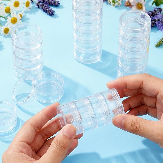 Fengek 6 Sets 6 Layer Stackable Plastic Containers, 10G/10ML Clear Cosmetic Storage Box Round Organizer Jars for Beads, Buttons, Small Jewelry Findings