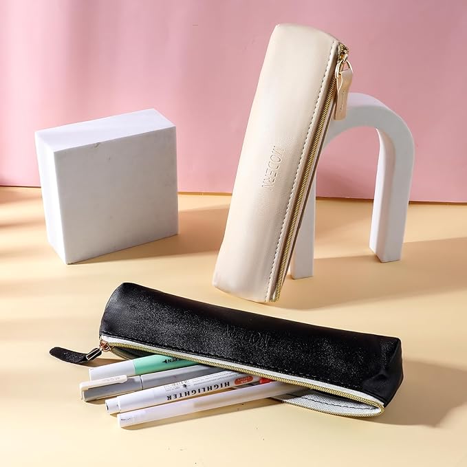 2pcs Mini Cosmetic Bag for Purse, 7.87 x 2.55inch Small Leather Pouch Make Up Bag with Zipper Portable Small Cosmetic Organizer for Women and Girls, Black Beige