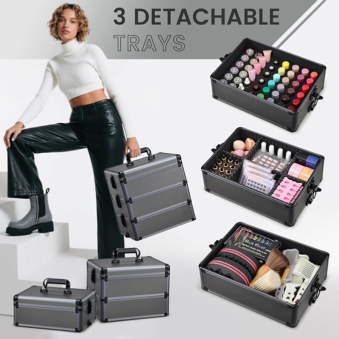 5 in 1 Makeup Train Case, Cosmetology Case on Wheels Travel Make up Case Rolling Nail Cart Makeup Organizer Cosmetic Storage Box Cases Extra Large Trolley Truck, 360° Swivel Wheels, Ashy Grey
