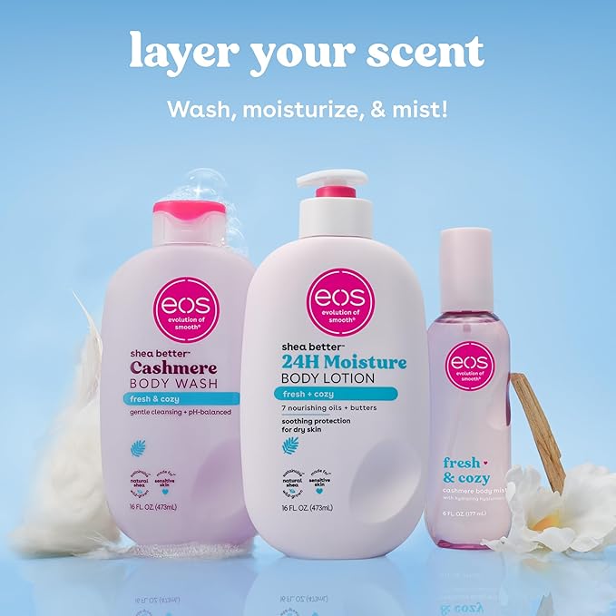 eos Cashmere Body Wash – Fresh & Cozy, Moisturizing Body Wash, Creamy Gel Formula, with Shea Butter, Glycerin, Vitamin E, pH Balanced, Sensitive Skin, Vegan, 16 fl oz