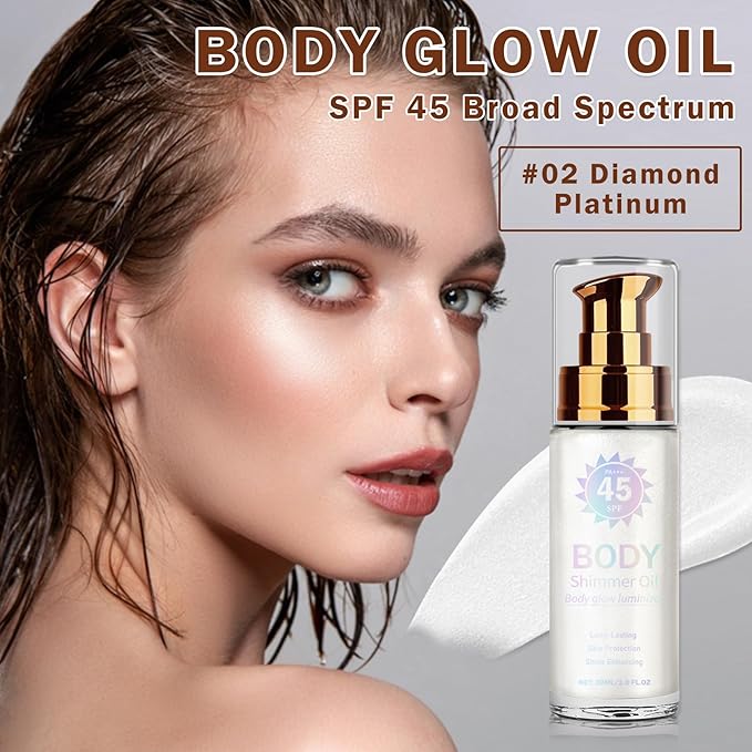 Body Glow Oil,SPF 45 Broad Spectrum,Glow Shimmer Sunscreen,Moisturizing Body Shimmer Oil,Lightweight Non-Sticky,Absorbs Quickly,Glowing Results,02 Diamond Platinum
