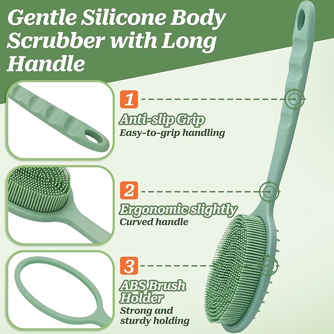 Silicone Back Washer for Shower, Gentle Silicone Back Scrubber for Lathering, Soft Silicone Loofah Bath Brush with Dual-Side & Detachable Brush Head, Good for Sensitive Skin(Green)