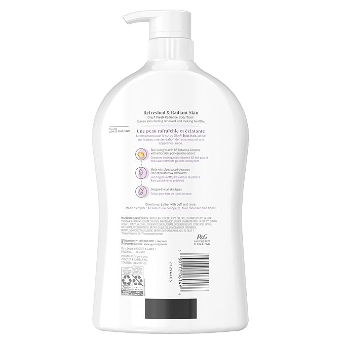 Olay Body Wash for Women, Fresh Radiance, Refreshing & Renewing, Made with Plant Based Cleansers, B3 Botanical Complex, For All Skin Types, Orchid & Black Currant Scent, 33 fl oz (Pack of 4)