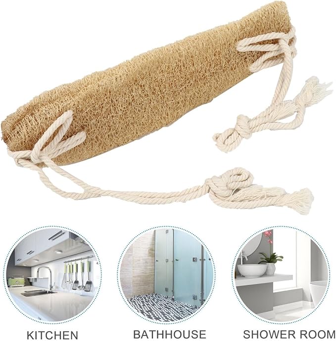 TEHAUX Exfoliating Loofah Back Scrubber Strap with Natural Cotton Rope, Double-Sided Back Washer for Shower Bath, Beige Long Body Scrubber for Deep Cleaning and Skin Care