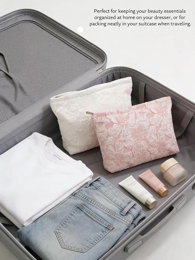 2-Pack Large Flower Makeup Bag Set - White & Pink Floral Canvas Cosmetic Organizer | Aesthetic Capacity Travel Toiletry Bag for Women (Makeup Brushes & Accessories Storage)