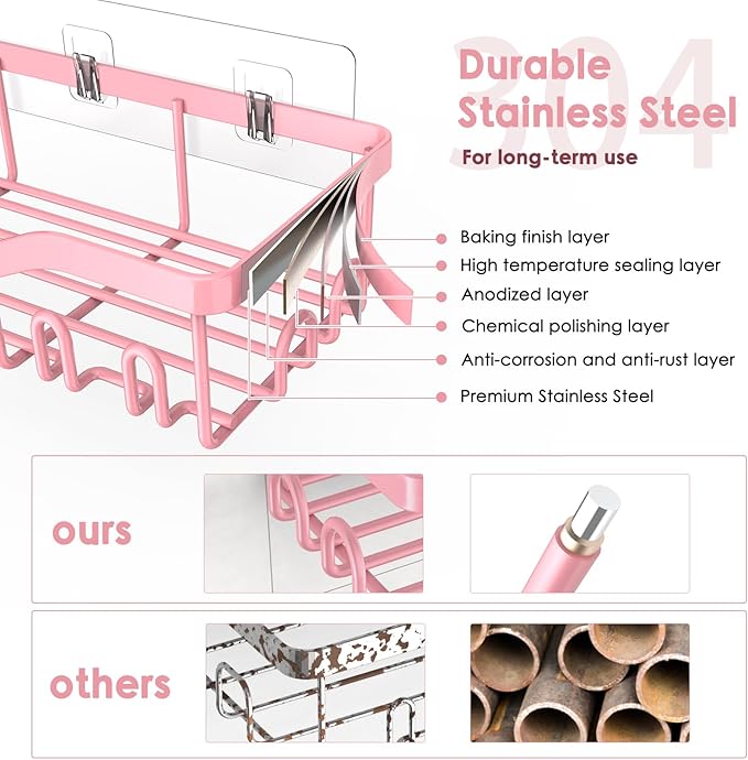 Shower Caddy Adhesive Shower Organizer 8-Pack, Rustproof Stainless Steel Bathroom Shelves, Large Capacity No-Drill Rack Storage Accessories with Soap Dish Toothbrush Holder Hooks