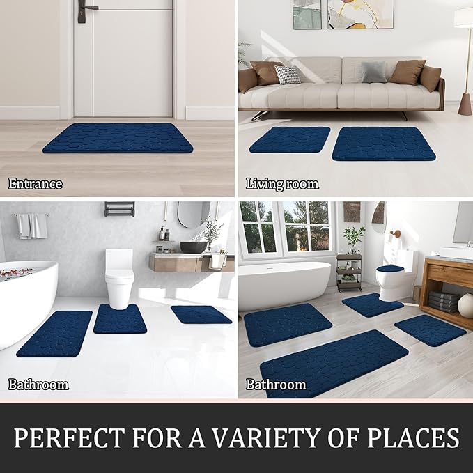 YIHOUSE Bathroom Rugs Mat Set 5 Piece Dark Blue, Memory Foam Bath Mats Sets, Non Slip Water Absorbent Washable Bath Rugs for Sink, Toilet and Floor