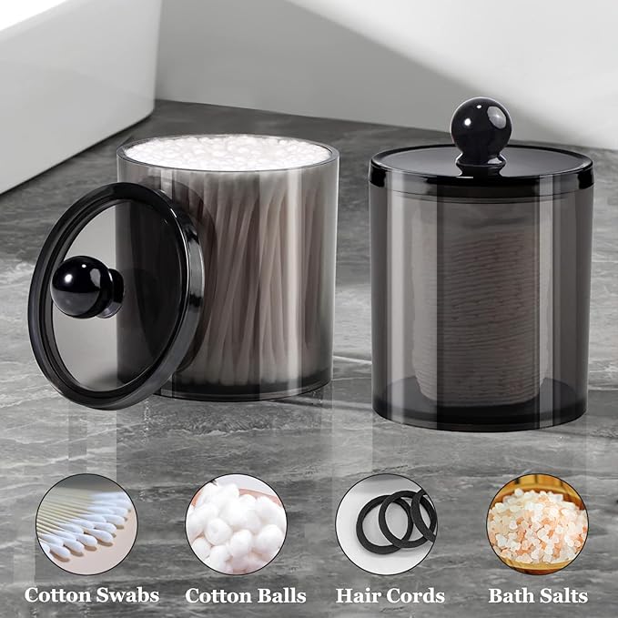 SheeChung 12 Pack Qtip Holder,Black Acrylic Apothecary Jars with Lids & Labels - (6) 10oz & (6) 12oz Qtip Holder Set,Plastic Bathroom Canisters,Minimalist Shatterproof Home Bathroom Storage Organizer