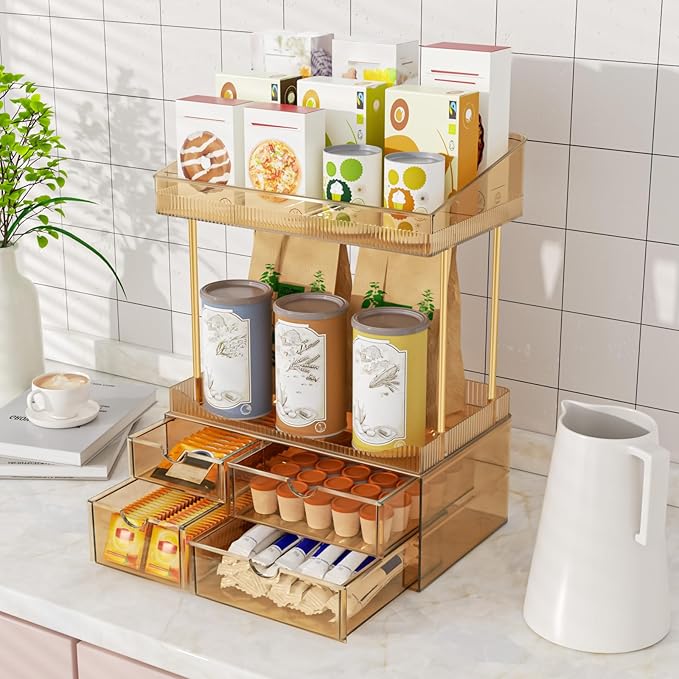 SNSLXH 4 Drawers Makeup Organizer - 4 Tier Makeup Storage, Cosmetics Organiser, Ideal for Cosmetic, 4 Dividers with Drawers for Countertop, Bathroom, Office Supplies, Dresser Transparent Tawny