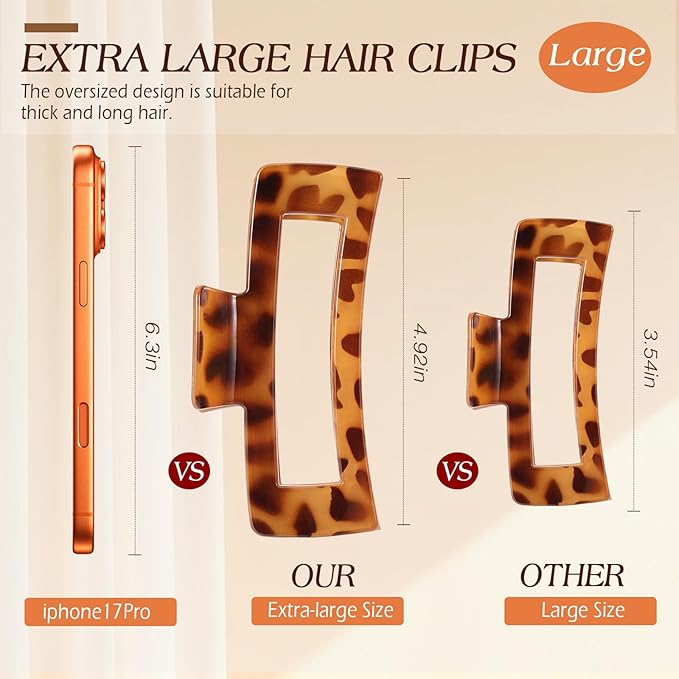 6 PCS 5 Inch Extra Large Claw Clips for Women, Tortoise Shell Jumbo Claw Clips for Thick Long Curly Hair, Oversized Matte Non-slip Rectangle, Durable Strong Hold Hair Clip,Non-slip Square Jaw Clip