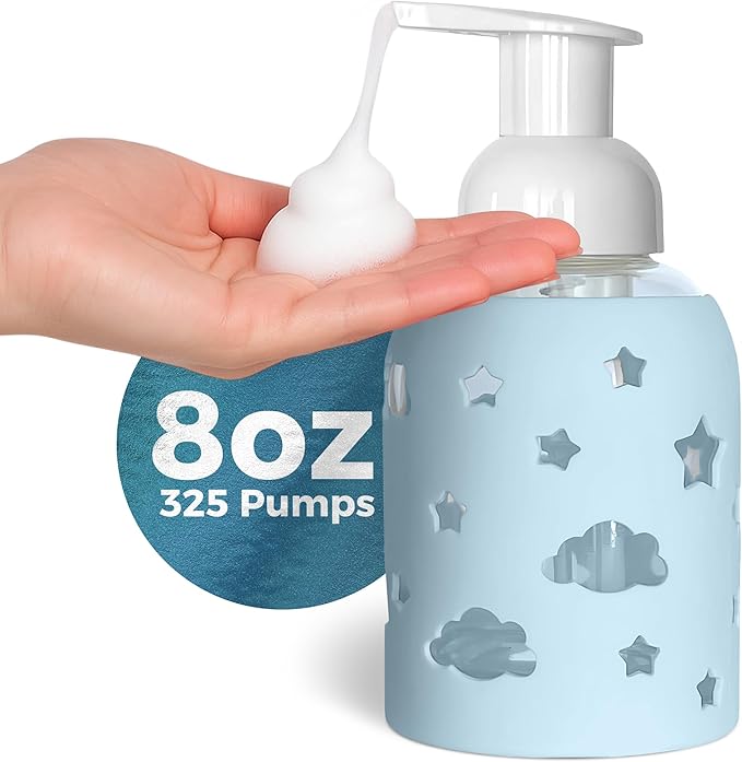 SoCal Suds & Company Foaming Hand Soap Dispenser Glass, Liquid Soap Pump with Cloud & Star Sleeve, Refillable Bottle for Kids, Baby Wash & Shampoo, Ideal for Bathroom & Kitchen Use, Light Blue, 8oz