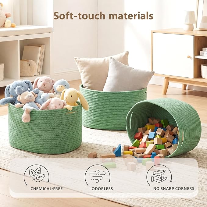 Cotton Rope Storage Basket, 15x10x9 Inches, Woven Basket for Shelves, Clothes, Towels, Books, and Laundry, Green (3 Pack)