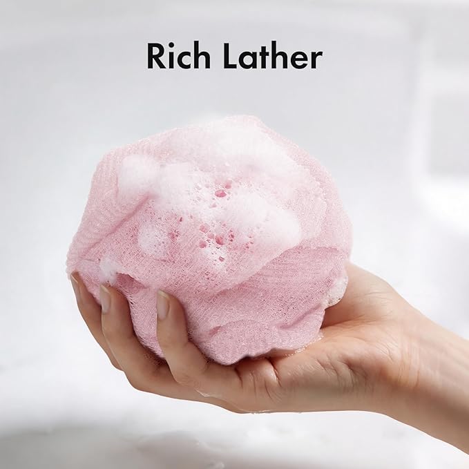 Exfoliating Washcloth, Nylon Bath Towel Body Scrubber with Hanging Strap, Back Scrubber for Shower Japanese Washcloth Loofah - Deep Clean & Rich Lather (Pink & White & Grey, Pack of 3)