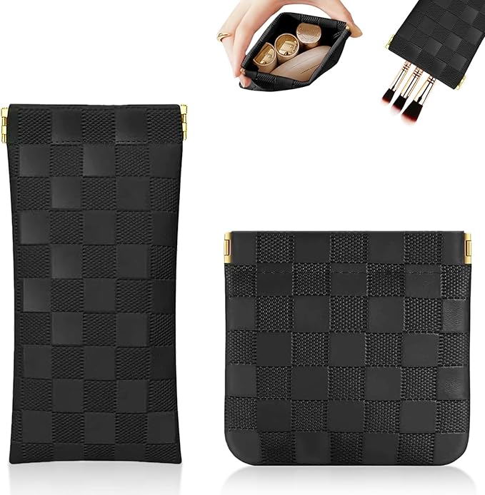 2Pcs Small Makeup Bag for Purse, Mini Checkered Leather Purse Pouches for Purse Small Makeup Pouch Small Coin Purse Organizer Pouches, Portable No Zipper Pocket Cosmetic Bag for Women (Black)