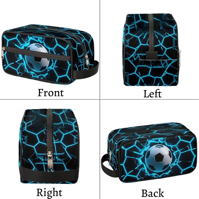 Futuristic Style Soccer Ball Kids Toiletry Bag for Boys Girls, Cosmetic Makeup Bag with Handle, Travel Shaving Kit Organizer, Waterproof Portable Wash Bag for Gym Vacation Camping Sports