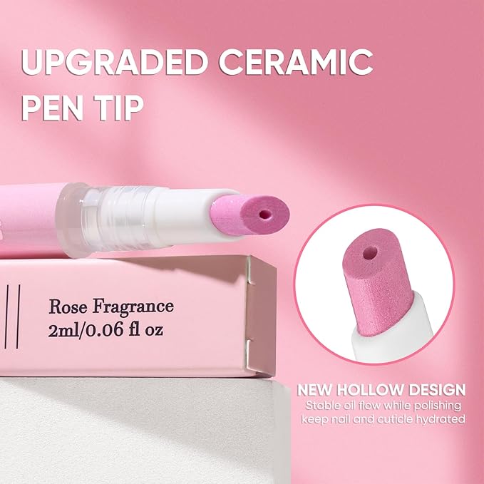 Ceramic Cuticle Pusher & Oil Pen, 2ml Rose/Lavender/Fragrance Free Scented Nail Care Pen, Gentle Cuticle Remover for Dry & Damaged Nails, Moisturize Strengthen Brighten (Pink3.0&Gel)