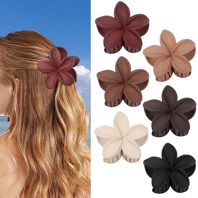 Flower Hair Clips 6 PCS Hawaiian Claw Clips for Vacation Hibiscus Hair Claw Cute Large Hair Clips for Thick and Thin Hair Plumeria Hair Accessories for Women Girls -Brown Scarlet