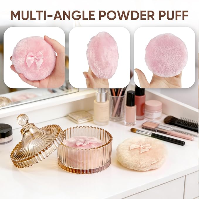 3 Pcs Dusting Powder Container with Puff, 3.54 Inch Soft Velour Dusting Powder Puff and Glass Powder Container, Washable Reusable Wet & Dry Powder Applicator for Women