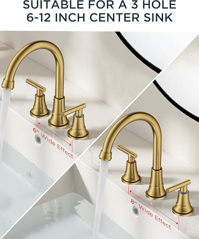 FORIOUS Gold Bathroom facuet 3 Hole, 8 inch Brushed Gold Bathroom Sink Faucet Widespread with 360° Swivel Spout and Spare Water-Saving Aerator and Drain, 3 Piece Vanity Tap for Restroom Upgrade