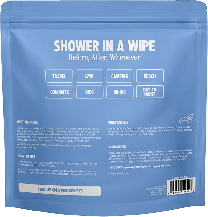 HyperGo XL Single Body Wipes for Women & Men – 12" x12" Rinse-Free Full Body Cleansing 30 Count Pack - Unscented | Biodegradable, Hypoallergenic, Aloe-Infused | Gym, Festival, Camping Essentials