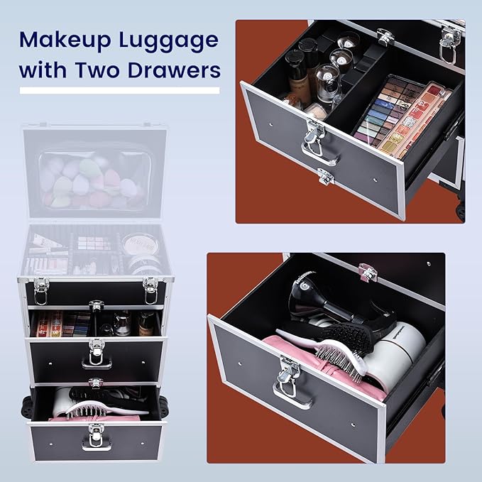 Adazzo Professional Rolling Makeup Train Case with Drawers, Large Cosmetic Trolley with Locks, Cosmetics Storage Organizer Make up Case for Travel Makeup/Nail Art/Hair Styling, Matte Black